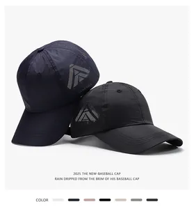 Detail of lightweight quick-dry nylon baseball caps in black and navy blue with golf logo