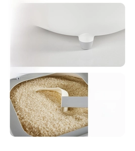 Detail of non-slip feet for stable support and food-grade storage container with measuring scoop