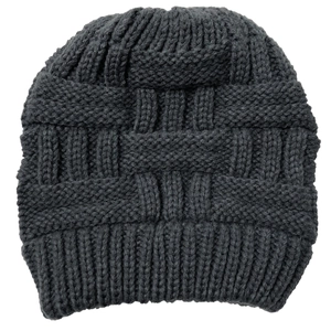 Dark grey chunky knit beanie hat with basket-weave pattern and ribbed cuff for women