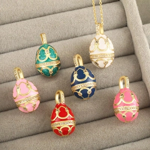 Russian Style Egg Pendant Necklace Enamel Copper Gold Plated Stainless Steel Chain Openable Zircon Jewelry For Women