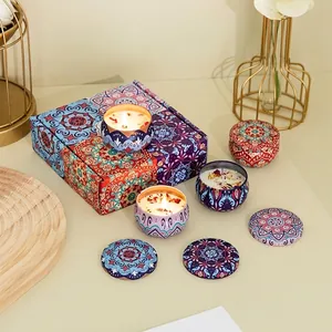 Soy wax scented candle gift set with dried flowers and mandala pattern tin jars