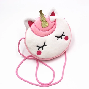Sac bandoulière licorne en peluche rose et blanche pour filles avec corne dorée
