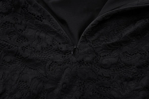 Detailed macro view of invisible zipper and intricate black lace stitching on dress
