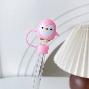 Capuchon de paille en silicone pingouin rose pour paille en verre, décor doux