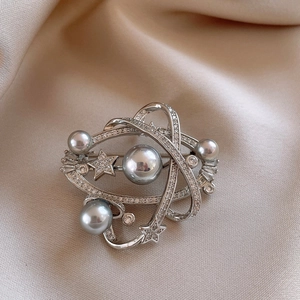 Macro detail of silver galaxy brooch with gray pearls and sparkling celestial crystals