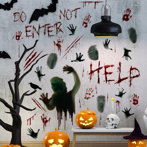 Halloween wall stickers featuring bloody handprints, ghosts and scary Help text on wall