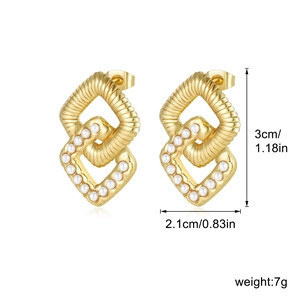 Double Square Interlocking Geometric Earrings Stainless Steel Gold Plated With Artificial Pearl Fashion Jewelry For Women Elegant