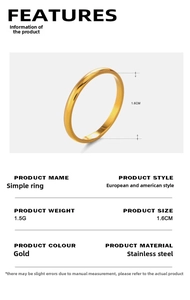 Detailed size chart for the gold minimalist stainless steel ring with 1.6cm inner diameter