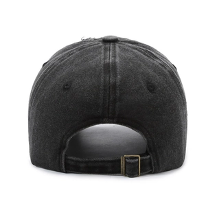 Rear view of vintage black washed denim baseball cap with adjustable metal buckle strap