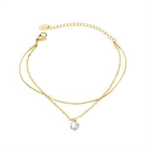 Bracelet double couche en or 18 carats avec pendentif diamant rond scintillant pour femme