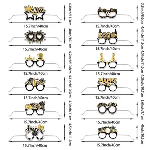 Size chart for 12 black and gold 2026 New Year paper glasses party photo props