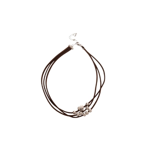 Vintage layered brown faux suede choker with silver heart pendant and metallic beads