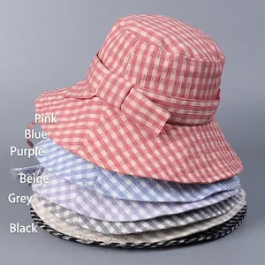 Classic checkered sun hats for women with elegant bow ribbons in six assorted colors