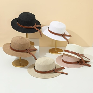 Women's summer straw beach hats with stylish leather cross belts in six various colors