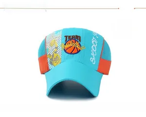 Close-up of kids mesh baseball cap with basketball embroidery and breathable side vents