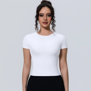 Close-up of slim fit white yoga t-shirt featuring breathable fabric and crew neckline