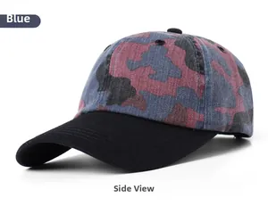 Side view of blue camo baseball cap with black brim and durable twill canvas texture