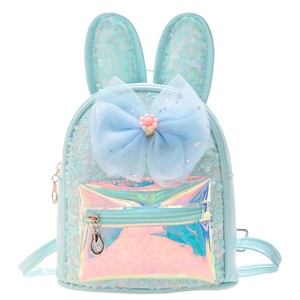 Light blue sequin kids backpack with rabbit ears and a large mesh bow decoration