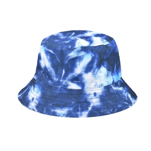 Detailed view of blue and white tie-dye cotton canvas bucket hat with stitched brim