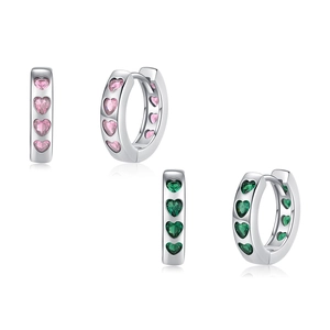 S925 sterling silver hoop earrings featuring pink and green heart-shaped cubic zirconia