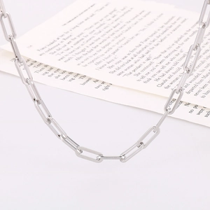 Hip hop style silver stainless steel paperclip chain necklace on white background