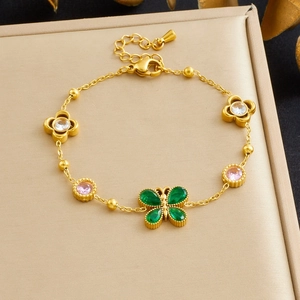 Bracciale In Acciaio Inossidabile Placcato Oro Con Zirconi Colorati Farfalla Fiore Gioielli Regolabili Da Donna