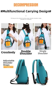Detail view of the multifunctional crossbody bag showing adjustable straps and side mesh pocket