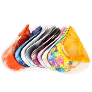 Colorful tie-dye trucker hats with breathable mesh back and curved brim in various styles