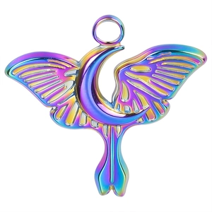 Rainbow plated stainless steel moon wing pendant for DIY jewelry making detail