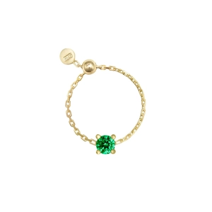 Detail of adjustable S925 silver gold chain ring with a sparkling round green zircon stone