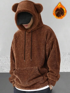 Detail of warm brown teddy fleece hoodie with bear ears and thermal lining view