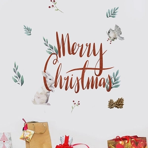 Detail of watercolor Christmas wall stickers with rabbits and birds on a white background