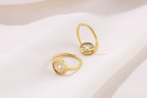 Detailed view of two gold titanium steel rings with circular sunburst patterns and zircons