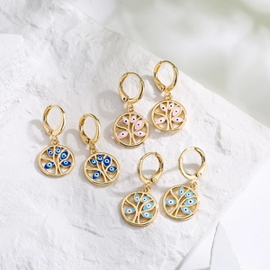 Tree Of Life Evil Eye Dangle Hoop Ohrringe 18K Vergoldetes Kupfer Emaille Nischenschmuck Für Frauen