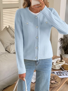 Casual light blue knit cardigan with silver buttons and decorative pockets for women