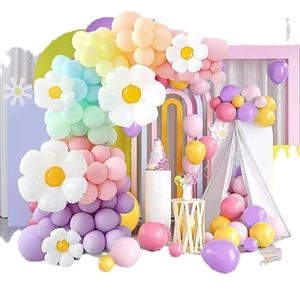 Colorful pastel balloon arch kit with daisy foil balloons for birthday party decoration