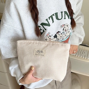 Corduroy Makeup Bag Solid Color Toiletry Organizer Portable Travel Cosmetic Pouch Zip Closure Minimalist Case Women