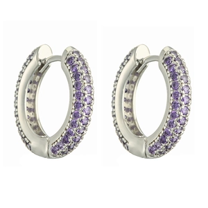 Detail of silver hoop earrings featuring double-sided purple cubic zirconia pavé stones