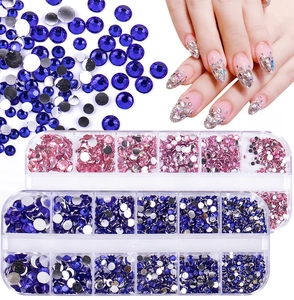 Flatback nail rhinestones in blue and purple colors with multi-size storage box