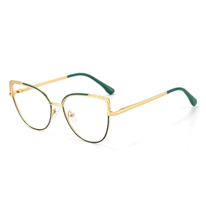 Elegant gold metal cat-eye glasses with dark green accents and spring hinges for women