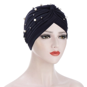 Women Pleated Turban Hat Elastic Polyester Beanie With Artificial Pearls And Metal Beads Elegant Headwrap For Fashion