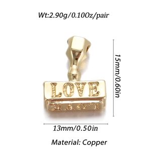 Detailed view of 18K gold plated LOVE letter heart pendant with technical dimensions
