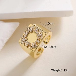 Detail showing wide 18K gold plated copper ring with square zircon setting and 13g weight