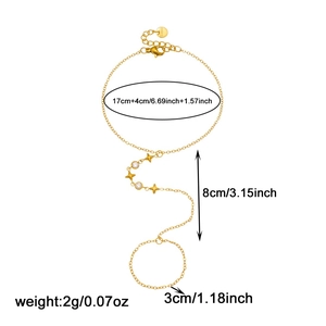 Gold stainless steel star and zircon finger chain bracelet with precise dimensions