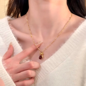 Gourd Pendant Necklace 18K Gold Plated Copper Red Agate Elegant New Chinese Style Vintage Jewelry Women Clavicle Chain