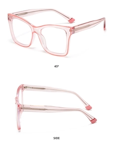 Detail view of pink transparent frame with metal core temples and 45-degree angle