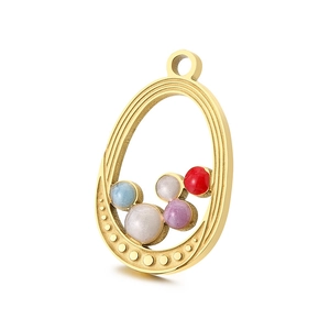 18K gold plated oval hollow pendant with colorful beads and minimalist metallic finish