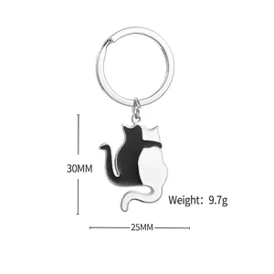 Minimalist black and white hugging cats metal keychain pendant 30mm x 25mm