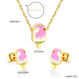 Detail view of pink ice cream necklace and earrings set with dimension annotations