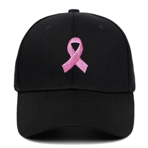 Black cotton baseball cap with pink ribbon embroidery shown from a front view